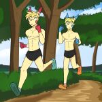  anthro anthrofied bottomwear clothed clothing duo footwear fuze hi_res hotpants male minun nature nature_background navel nintendo nipples plusle pok&eacute;mon pok&eacute;mon_(species) pok&eacute;morph running shoes shorts socks topless video_games 