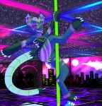  absurd_res ampwave anthro blue_body blue_fur bulge caliluminos claws clothing dancing ekg freakuency fur hi_res hypnotic_eyes male neon neon_lights open_mouth panties pink_body pink_fur pole pole_dancing purple_body purple_fur rave solo speaker_ears strip_club stripes tongue tongue_out underwear 