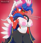  2022 amber_eyes anthro areola bandage big_breasts big_butt blazkenzxy breasts butt clothed clothing dialogue digital_drawing_(artwork) digital_media_(artwork) feathers female hi_res koraidon legendary_pok&eacute;mon looking_at_viewer multicolored_body muscular muscular_female nintendo nipples open_mouth partially_clothed pok&eacute;mon pok&eacute;mon_(species) red_body signature simple_background solo talking_to_viewer thick_thighs tire two_tone_body video_games white_body wide_hips 