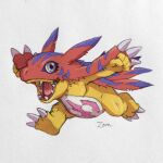  ambiguous_gender animal_skin bandai_namco belly claws colored digimon digimon_(species) elecmon fur fusion gabumon grey_eyes markings orange_body orange_fur pink_markings purple_markings semi-anthro simple_background solo solo_focus traditional_media_(artwork) white_belly zemmons 
