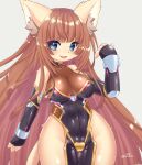  1girl animal_ear_fluff animal_ears arm_up ass_visible_through_thighs black_bodysuit black_gloves blue_eyes bodystocking bodysuit breasts brown_hair cat_ears cat_girl cat_tail cleavage cosplay cosplay_request elbow_gloves fingerless_gloves furry furry_female gloves grey_background highres long_hair open_mouth original racal_ra shiny shiny_clothes simple_background smile solo tail taimanin_(series) thigh_gap thighs very_long_hair 