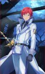  1boy belt black_gloves blue_eyes frown gloves high_collar highres holding holding_sword holding_weapon long_sleeves looking_at_viewer male_focus moon night night_sky official_art outdoors pants re:zero_kara_hajimeru_isekai_seikatsu red_hair reinhard_van_astrea short_hair sky sword weapon white_pants 