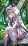  1girl animal_hood blush breasts bug butterfly cape detached_sleeves emilia_(re:zero) flower frilled_sleeves frills hand_on_own_face highres holding holding_flower hood hood_up long_hair long_sleeves looking_at_viewer medium_breasts official_art outdoors purple_eyes re:zero_kara_hajimeru_isekai_seikatsu sitting skirt smile sunlight tree white_cape white_flower white_hair white_legwear white_skirt wide_sleeves 