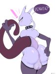  absurd_res anthro anus armwear balls blush butt clothing collar cyancoyote elbow_gloves english_text exclamation_point felid genitals gloves handwear hi_res legendary_pok&eacute;mon looking_at_viewer looking_back looking_back_at_viewer male mammal mewtowo_(shadman) mewtwo mostly_nude nintendo pok&eacute;mon pok&eacute;mon_(species) simple_background solo spiked_collar spikes text thick_thighs video_games white_background 