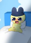  0227 absurd_res anthro anus balls bed blue_eyes blush foreskin furniture genitals hi_res male mametchi on_bed open_mouth penis pillow solo spread_legs spreading tamagotchi yellow_body 