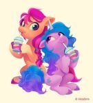  beverage blue_eyes blue_hair braided_hair braided_ponytail container cup cutie_mark drinking earth_pony equid equine eye_contact gradient_hair hair hasbro hooves horn horse imalou izzy_moonbow_(mlp) looking_at_another mammal mlp_g5 my_little_pony pony ponytail purple_eyes purple_hair simple_background sitting smoothie straw sunny_starscout_(mlp) unicorn white_background 