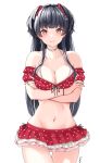  1girl absurdres bangs bare_shoulders bikini black_hair blunt_bangs breasts brown_eyes choker cleavage collarbone commentary_request cowboy_shot crossed_arms end_mha eyebrows_visible_through_hair frilled_bikini frills groin hair_ribbon heart heart_choker heart_print highres idolmaster idolmaster_shiny_colors large_breasts long_hair looking_at_viewer mayuzumi_fuyuko navel off-shoulder_bikini off_shoulder print_bikini red_bikini ribbon simple_background solo swimsuit thigh_gap two_side_up white_background 