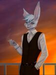  anthro clothing costume hi_res lagomorph leporid male mammal rabbit smoking solo sunset youraugust 