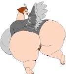  2017 all_fours anthro avian beak big_breasts big_butt bird breasts brown_hair butt curvy_figure feathers female genitals grey_body grey_feathers hair half-closed_eyes hi_res huge_breasts huge_butt hyper hyper_breasts looking_at_viewer looking_back narrowed_eyes non-mammal_breasts nude open_beak open_mouth ostrich overweight overweight_anthro overweight_female pubes pussy ratite sheila_(vdisco) simple_background solo thick_thighs vdisco voluptuous white_background wide_hips 