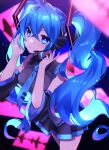  1girl black_background blue_background blue_eyes blue_hair blush closed_mouth hatsune_miku headphones hibikase_(vocaloid) highres long_hair looking_at_viewer multicolored_background nail_polish pink_background solo soramame_pikuto twintails vocaloid 
