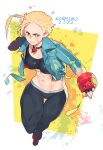  1girl abs absurdres ahoge artist_name blonde_hair blue_jacket cammy_white choker crop_top cropped_jacket fingerless_gloves gloves highres jacket navel norasuko pants scar scar_on_face serious short_hair solo stomach street_fighter street_fighter_6 thigh_gap tight tight_pants toned 