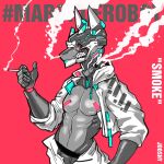  1:1 2019 absurd_res android anthro blue_tongue bottomwear canid canine clothing cybernetics english_text exposed_chest exposed_endoskeleton hi_res jacket jooshy machine male mammal pants red_background robot simple_background smoke smoke_from_nose smoking smoking_cigarette solo standing text tongue topwear 