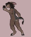  anthro asinus blush brown_body brown_hair butt donkey ears_down equid equine fetishame hair hi_res holding_tail hooves long_hair looking_at_viewer male mammal pivoted_ears selfie shy simple_background smile solo 
