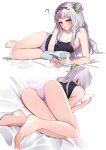  ? absurdres arm_support ass bare_arms bare_legs barefoot black_camisole blush camisole collarbone feet grey_hair hair_bun highres hololive long_hair looking_at_viewer lying multiple_views murasaki_shion namama_(namama82) on_side panties pink_panties single_side_bun underwear virtual_youtuber yellow_eyes 