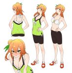  1girl arms_up bike_shorts blush bra breasts cleavage fumitan_(humitan) green_eyes hair_bun highres hinatsuki_mikan long_hair looking_at_viewer machikado_mazoku multiple_views navel orange_hair side_ponytail simple_background single_hair_bun sleeveless underwear white_background white_bra 