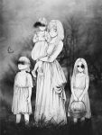  4girls absurdres basket blank_eyes bug butterfly carrying censored child dress flower food fruit grass greyscale highres horror_(theme) identity_censor maria_fritz marvin_(omarvin) monochrome mother_and_daughter multiple_girls rose_fritz sheena_fritz shingeki_no_kyojin signature tree ymir_fritz 