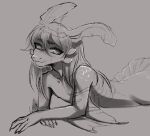 anthro arm_fins claws dorsal_frill eyelashes fin finger_claws fish frill_(anatomy) greyscale hair ishimaurell looking_at_viewer lying male marine monochrome on_front pupils scales slit_pupils solo 