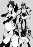  1girl :d ass back bare_shoulders blush breasts covered_nipples eyebrows_visible_through_hair fumitan_(humitan) grey_background greyscale high_heels highres horns looking_at_viewer monochrome multiple_views open_mouth original short_hair simple_background sleeveless small_breasts smile solo thighhighs wings 