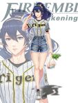  1girl alternate_costume alternate_hairstyle bag bangs baseball_jersey blue_eyes blue_hair blue_shorts buttons casual commentary contemporary copyright_name denim english_commentary fire_emblem fire_emblem_awakening floating_hair groceries hair_between_eyes highres holding holding_bag jeans lips long_hair looking_at_viewer lucina_(fire_emblem) maze_draws pants parted_lips pink_lips plastic_bag ponytail shadow shoes shopping_bag short_shorts short_sleeves shorts sneakers solo sweat twitter_username white_footwear 