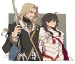  2boys armor asaya_minoru bangs beard black_hair black_jacket breastplate brown_eyes brown_hair cloak closed_mouth constantine_xi_(fate) earrings english_text facial_hair fate/apocrypha fate_(series) forehead frilled_sleeves frills grey_sweater holding jacket jewelry long_hair long_sleeves looking_away male_focus multiple_boys mustache parted_bangs ribbed_sweater smile sweater turtleneck turtleneck_sweater twitter_username upper_body v-shaped_eyebrows vlad_iii_(fate/apocrypha) white_cloak 