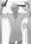  1boy amuro_tooru at_gunpoint bangs blurry bottomless collared_shirt cowboy_shot curtains dark-skinned_male dark_skin depth_of_field dress_shirt finger_on_trigger gun gun_to_head handgun hands_up hnz0926 holding holding_gun holding_weapon indoors long_sleeves male_focus meitantei_conan out_of_frame shirt short_hair sideways_glance smile solo_focus standing trigger_discipline weapon 