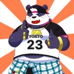  2022 alp_(tas) anthro black_nose blush clothing eyes_closed giant_panda hat headgear headwear hi_res humanoid_hands kemono lifewonders male mammal overweight overweight_male purple_body shirt solo text text_on_clothing text_on_shirt text_on_topwear tokyo_afterschool_summoners topwear ursid video_games white_body yaki_atsuage 