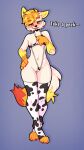  &lt;3 &lt;3_eyes animal_print anthro bag_of_lewds blep blonde_hair blush blush_lines breasts clothed clothing clothing_aside clothing_lift cow_print female fur genitals hair half-closed_eyes hi_res humanoid_genitalia humanoid_pussy legwear long_ears multicolored_body multicolored_fur narrowed_eyes nipples orange_body orange_fur orange_hair paws pussy red_body red_fur small_breasts smile solo text thigh_highs tongue tongue_out topwear white_body yellow_body yellow_fur 