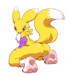  2016 ambiguous_gender armwear_only bandai_namco blue_eyes butt digimon digimon_(species) featureless_crotch fur looking_at_viewer looking_back mostly_nude renamon simple_background tuft white_background white_body white_fur woory yellow_body yellow_fur 