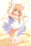  1girl :o absurdres ahoge animal_ear_fluff animal_ears ass bandaid bandaid_on_leg bangs barefoot blonde_hair bound bound_legs bound_wrists bow clothes_lift cuffs dress dress_bow dress_lift eyebrows_visible_through_hair frilled_dress frills full_body groin hair_between_eyes halterneck hand_up handcuffs highres indie_virtual_youtuber kneeling lifted_by_self lion_ears lion_girl lion_tail long_hair looking_at_viewer no_panties red_bow rurudo_lion sakutaishi shackles shiny shiny_hair short_dress skirt skirt_lift soles solo spaghetti_strap sundress tail tail_raised toes virtual_youtuber white_dress yellow_eyes 