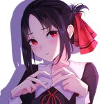  1girl bangs black_hair black_shirt blush closed_mouth collared_shirt eyebrows_visible_through_hair heart heart-shaped_pupils heart_hands highres kaguya-sama_wa_kokurasetai_~tensai-tachi_no_renai_zunousen~ looking_at_viewer medium_hair neck_ribbon parted_bangs red_eyes red_ribbon ribbon sailor_collar sailor_shirt shado shinomiya_kaguya shirt solo symbol-shaped_pupils twitter_username upper_body wal_iya watermark white_background white_sailor_collar 