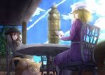  2girls blonde_hair book brown_hair building cat clear_sky cloud dress elizabeth_tower fedora from_behind hat london maribel_hearn mob_cap multiple_girls necktie purple_dress reading round_table shirt short_hair sitting sky surume_(kvpsurume) touhou tree usami_renko white_shirt 