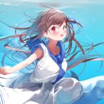  1girl :d absurdres blue_ribbon blue_sailor_collar blush breasts brown_hair collarbone commentary_request day dress hair_ribbon highres kamioka_shun&#039;ya long_hair looking_at_viewer medium_breasts original outdoors red_eyes ribbon sailor_collar sailor_dress smile solo underwater very_long_hair water white_dress 