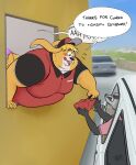  2022 anthro badger bent_over blonde_hair blush bovid brunkdutt buckteeth caprine car caught clothed clothing colored detailed detailed_background dialogue dialogue_box digital_drawing_(artwork) digital_media_(artwork) drive-thru driver eli_(shabadablue) embarrassed fast_food food fur giving_food goat group hair hi_res holding_object kidden_eksis lagomorph leporid long_ears male mammal moobs mustelid musteline obese obese_anthro obese_male open_mouth overweight overweight_anthro overweight_male profanity public public_nudity public_sex rabbit roundboy777 sex shaded shocked teeth trio uniform vehicle whiskers working yellow_body yellow_fur yellow_skin 