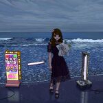  1girl ace_akira bangs beach bow brown_hair character_request choker cinnamoroll copyright_request dress electric_signboard footwear_bow hand_up holding jaggy_lines looking_at_viewer ocean off-shoulder_dress off_shoulder outdoors pixel_art purple_bow purple_choker purple_dress purple_footwear sanrio see-through see-through_dress shoes short_sleeves smile solo standing stuffed_animal stuffed_toy water wire 