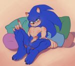  5_fingers absurd_res anthro balls blue_body blue_fur blush eulipotyphlan fingers fur genitals hedgehog hi_res looking_at_viewer lying male mammal niranna nude on_back paws penis pillow sega simple_background smile solo sonic_the_hedgehog sonic_the_hedgehog_(series) video_games 