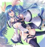 1girl angel_wings asymmetrical_wings bangs bare_shoulders belt black_legwear black_panties border breasts choker cleavage clothing_cutout collarbone dated detached_collar dizzy_(guilty_gear) feathered_wings green_background guilty_gear guilty_gear_xrd hair_between_eyes hair_ribbon hair_rings large_breasts long_hair mariebell monster_girl off_shoulder open_mouth panties red_eyes ribbon sidelocks signature skindentation smile solo tail tail_ornament tail_ribbon thick_thighs thigh_strap thighs twintails underwear white_border wide_sleeves wings yellow_ribbon 