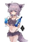  1girl ahoge animal_ears arknights bare_shoulders bendy_straw bikini black_bikini blue_eyes bottle closed_mouth commentary_request cup drinking_glass drinking_straw extra_ears fox_ears fox_girl fox_tail grey_hair hair_ornament hairclip headphones_for_animal_ears highres holding holding_bottle holding_cup low_twintails nanatsuka navel see-through simple_background solo sussurro_(arknights) sussurro_(summer_flowers)_(arknights) swimsuit tail twintails white_background x_hair_ornament 