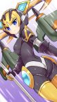  1girl ass azure_striker_gunvolt bangs black_bodysuit blonde_hair blue_eyes bodysuit closed_mouth cougar_(cougar1404) cowboy_shot eyebrows_visible_through_hair from_behind frown headgear holding holding_polearm holding_weapon looking_at_viewer looking_back medium_hair motion_blur polearm propeller robot short_hair solo standing vespa_(gunvolt) weapon 