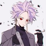  1boy :| black_gloves chinese_commentary chromatic_aberration cigarette closed_mouth earrings eyebrows_visible_through_hair eyes_visible_through_hair gloves grey_jacket gun hand_up highres holding holding_cigarette holding_gun holding_weapon jacket jewelry kino_kazumi long_sleeves male_focus multicolored_hair pink_hair purple_hair purple_sweater red_eyes saibou_shinkyoku short_hair solo spiked_hair suit_jacket sweater theodore_riddle turtleneck turtleneck_sweater two-tone_hair weapon white_background 