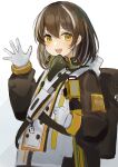  1girl :d arknights azuazu_0405 backpack bag bangs black_jacket brown_eyes brown_hair commentary_request eyebrows_visible_through_hair gloves grey_background hair_between_eyes hand_up highres jacket long_sleeves looking_at_viewer magallan_(arknights) multicolored_hair puffy_long_sleeves puffy_sleeves smile solo streaked_hair upper_body white_background white_gloves white_hair 