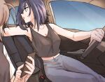  2girls ahoge bangs black_camisole blue_hair brmameng brown_hair camisole car_interior car_seat cellphone crop_top denim fingernails hair_intakes holding holding_phone hololive hololive_english jeans multicolored_hair multiple_girls nanashi_mumei ouro_kronii pants phone shirt short_hair smartphone steering_wheel streaked_hair t-shirt tank_top virtual_youtuber 