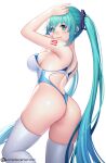  1girl alternate_breast_size arm_up ass backless_swimsuit bare_shoulders blue_eyes blue_hair breasts competition_swimsuit cowboy_shot from_behind hand_on_own_cheek hand_on_own_face hatsune_miku highleg highleg_swimsuit highres jurrig large_breasts leg_up long_hair looking_at_viewer looking_back medium_breasts one-piece_swimsuit shoulder_tattoo skindentation smile solo swimsuit tattoo thighhighs thighs twintails very_long_hair vocaloid white_legwear 