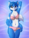  1girl animal_ears animal_nose bare_legs bare_shoulders blue_background blue_fur blue_hair body_fur breasts fox_ears fox_girl fox_tail furry furry_female highres krystal large_breasts lingerie looking_at_viewer navel rysonanthrodog short_hair solo star_fox stomach tail two-tone_fur tysonanthro underwear white_fur 