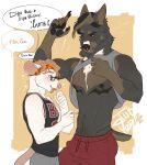  &lt;3 2022 anthro anthro_on_anthro areola biceps body_hair bottomwear brown_body brown_fur canid canine canis cigarette clothed clothing clothing_lift digital_drawing_(artwork) digital_media_(artwork) dobermann domestic_dog duo english_text eyewear fully_clothed fur glasses good_boy hair happy_trail hi_res hip_piercing jnkyrd male male/male mammal mastectomy_scar mouse murid murine navel nipple_piercing nipples pants piercing pinscher rodent scar shirt shirt_lift speech_bubble talking_to_another tan_hair tank_top text topwear trans_(lore) trans_man_(lore) white_body white_fur 