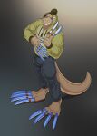  2017 anthro blue_eyes bulge claws clothed clothing digital_media_(artwork) full-length_portrait gesture hi_res high-angle_view hoodie long_claws longblueclaw male pointing portrait reptile scalie simple_background smile solo standing tan_body teeth topwear 