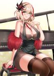  1girl absurdres azur_lane bangle bangs bare_shoulders between_breasts blonde_hair blurry blurry_background bracelet breasts brown_dress brown_eyes brown_legwear cleavage collarbone commentary cowboy_shot dress eyebrows_visible_through_hair feather_boa hair_between_eyes hair_ornament hand_on_own_chest highres huge_breasts jewelry katou_shinobu large_breasts looking_at_viewer multicolored_hair official_alternate_costume parted_lips pelvic_curtain ring roon_(azur_lane) roon_(viridescent_lullaby)_(azur_lane) short_hair sidelocks sitting skindentation smile solo streaked_hair thighhighs thighs two-tone_hair 