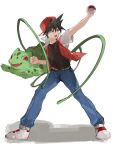  1boy arm_up backwards_hat bangs belt black_hair blue_pants bulbasaur chinese_commentary clenched_hand commentary_request hat highres holding holding_poke_ball jacket legs_apart male_focus open_clothes open_jacket pants plant poke_ball poke_ball_(basic) pokemon pokemon_(creature) pokemon_adventures red_(pokemon) red_eyes red_headwear sakanobo_(sushi1021) shirt shoes short_hair spiked_hair standing vines white_footwear 