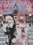  2girls animal_ears architecture bare_shoulders black_dress blue_eyes braid braided_ponytail cherry_blossoms closed_mouth crossed_arms dress east_asian_architecture fox_ears gloves highres honkai_(series) honkai_impact_3rd japanese_clothes kallen_kaslana kile_chou long_hair long_sleeves looking_at_viewer miko multiple_girls nun outdoors petals pink_hair pink_skirt purple_eyes skirt smile temple thighhighs tile_floor tiles veil white_gloves white_hair white_legwear white_sleeves yae_sakura yae_sakura_(gyakushinn_miko) 