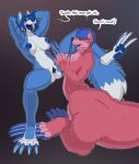  2018 after_fisting after_penetration anthro areola biped blue_(longblueclaw) blue_body blue_fur blue_hair breasts claws dialogue digital_media_(artwork) duo english_text female female/female fur gaping gaping_pussy genitals hair hi_res jennifer_(longblueclaw) long_claws longblueclaw lying nipples nude on_front open_mouth pink_body pink_fur pussy quadruped simple_background sitting taur teeth text tongue white_body white_fur 