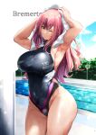  1girl alternate_costume armpits arms_up azur_lane bangs bare_shoulders black_swimsuit blue_sky breasts bremerton_(azur_lane) chain-link_fence character_name cloud commentary_request competition_swimsuit covered_navel crop_top day drying drying_hair eyebrows_visible_through_hair fence grey_hair groin hair_between_eyes highleg highres large_breasts lens_flare long_hair mole mole_under_eye multicolored_hair one-piece_swimsuit open_mouth oriue_wato outdoors page_number pink_eyes pink_hair pool poolside sidelocks sky solo standing star_(symbol) star_print streaked_hair swimsuit towel towel_on_head two-tone_hair wet 